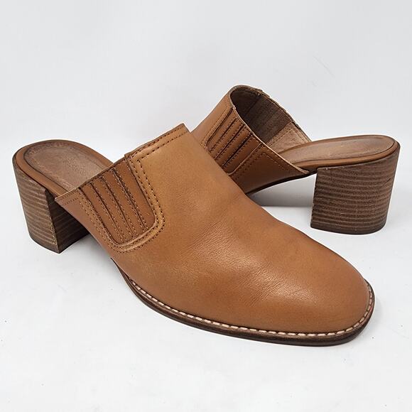 Madewell Mules Women 10 Carey Cognac Brown Leather Slip On Stacked Heel AH759 - Picture 2 of 11